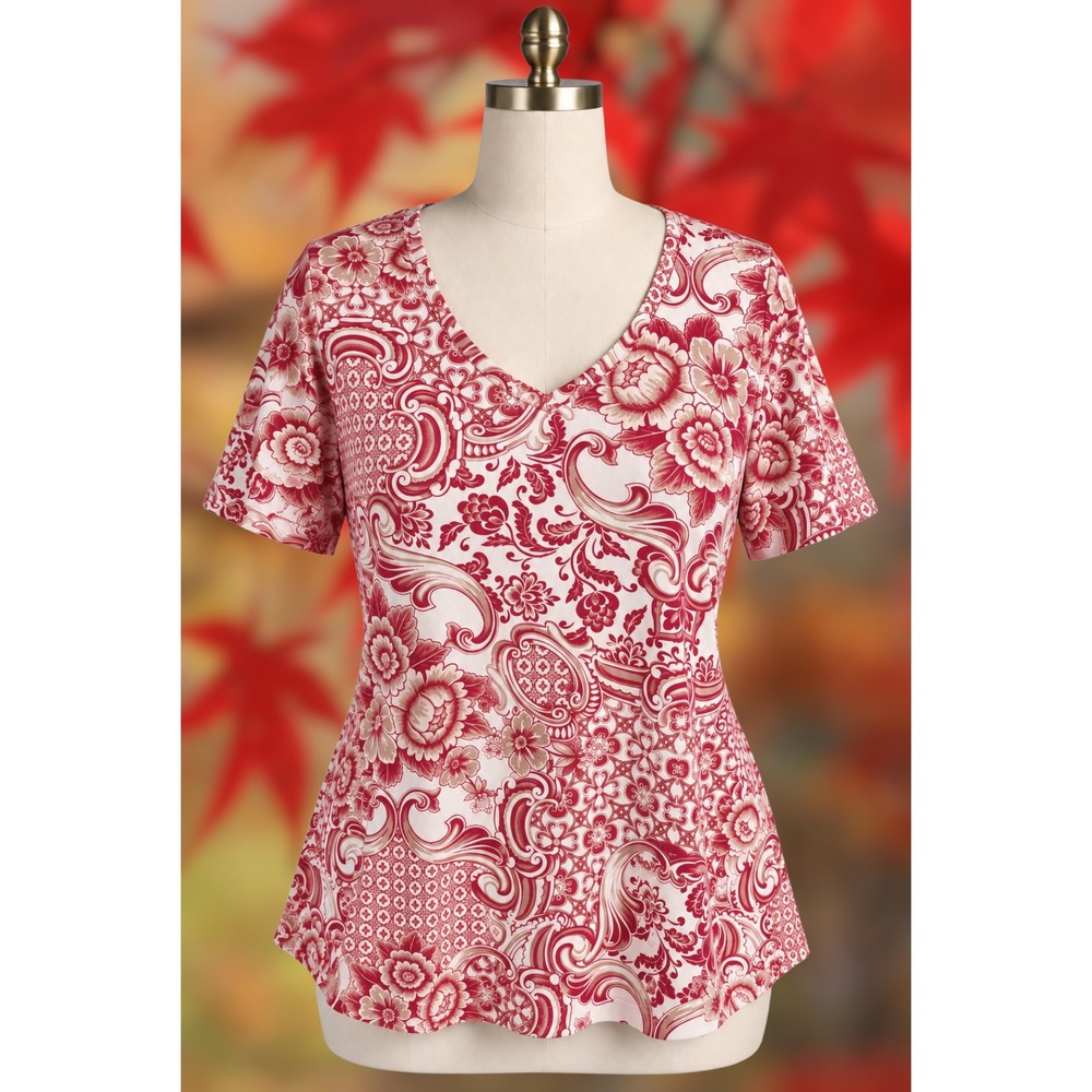 Karen Scott Woman 2X NWT Red Tan Floral Paisley V-Neck Short Sleeve Top New